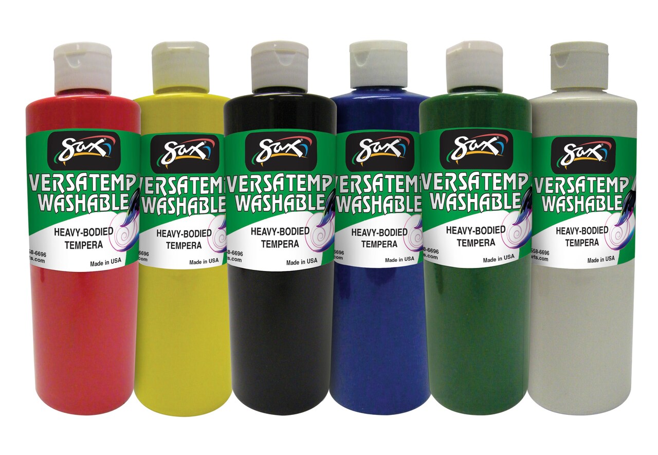 Sax Versatemp Washable Heavy-Bodied Tempera Paint, 1 Pint Bottles, Assorted Colors, Set of 6